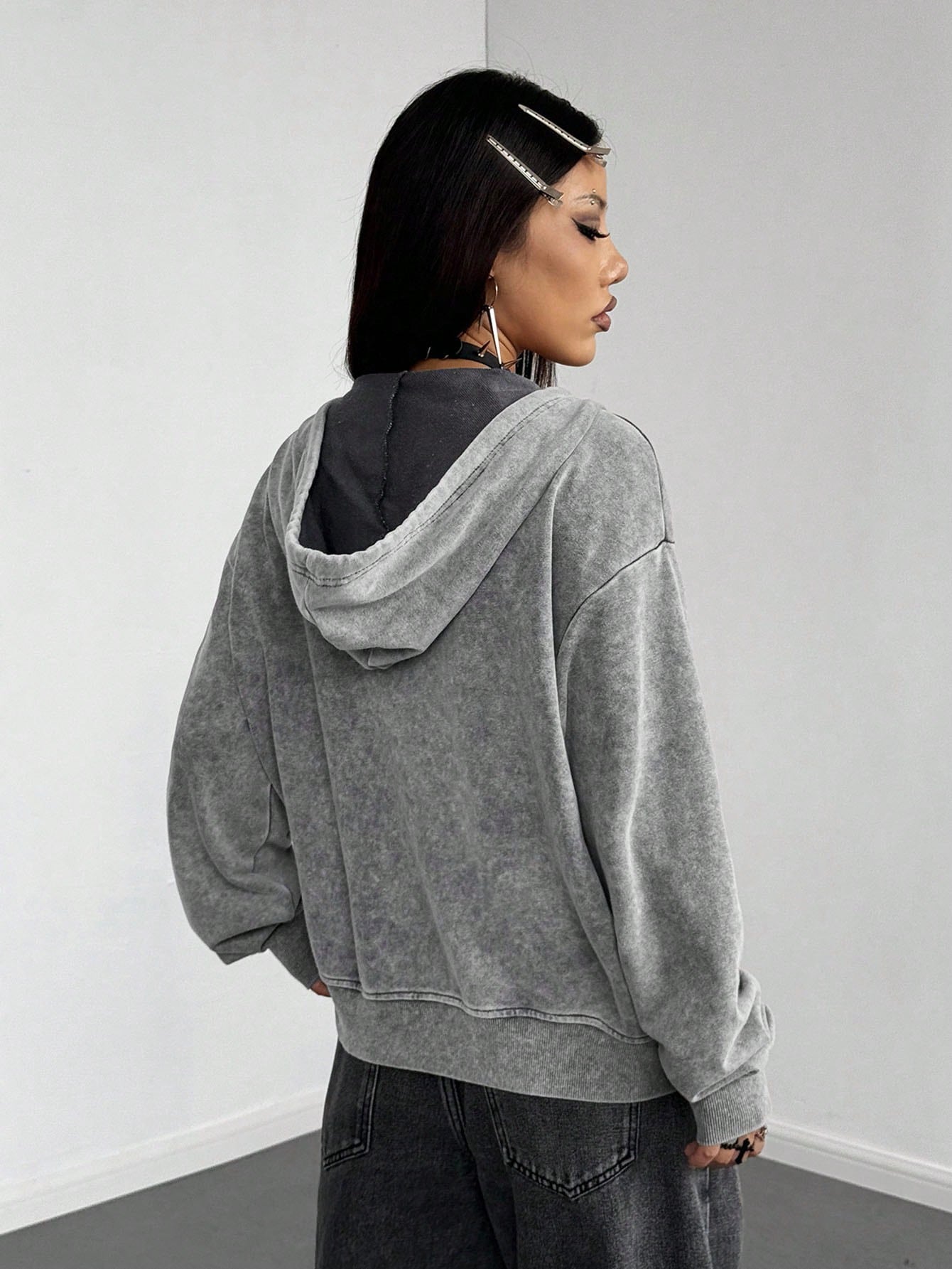 Women Leopard Zip-Up Grey Hoodie