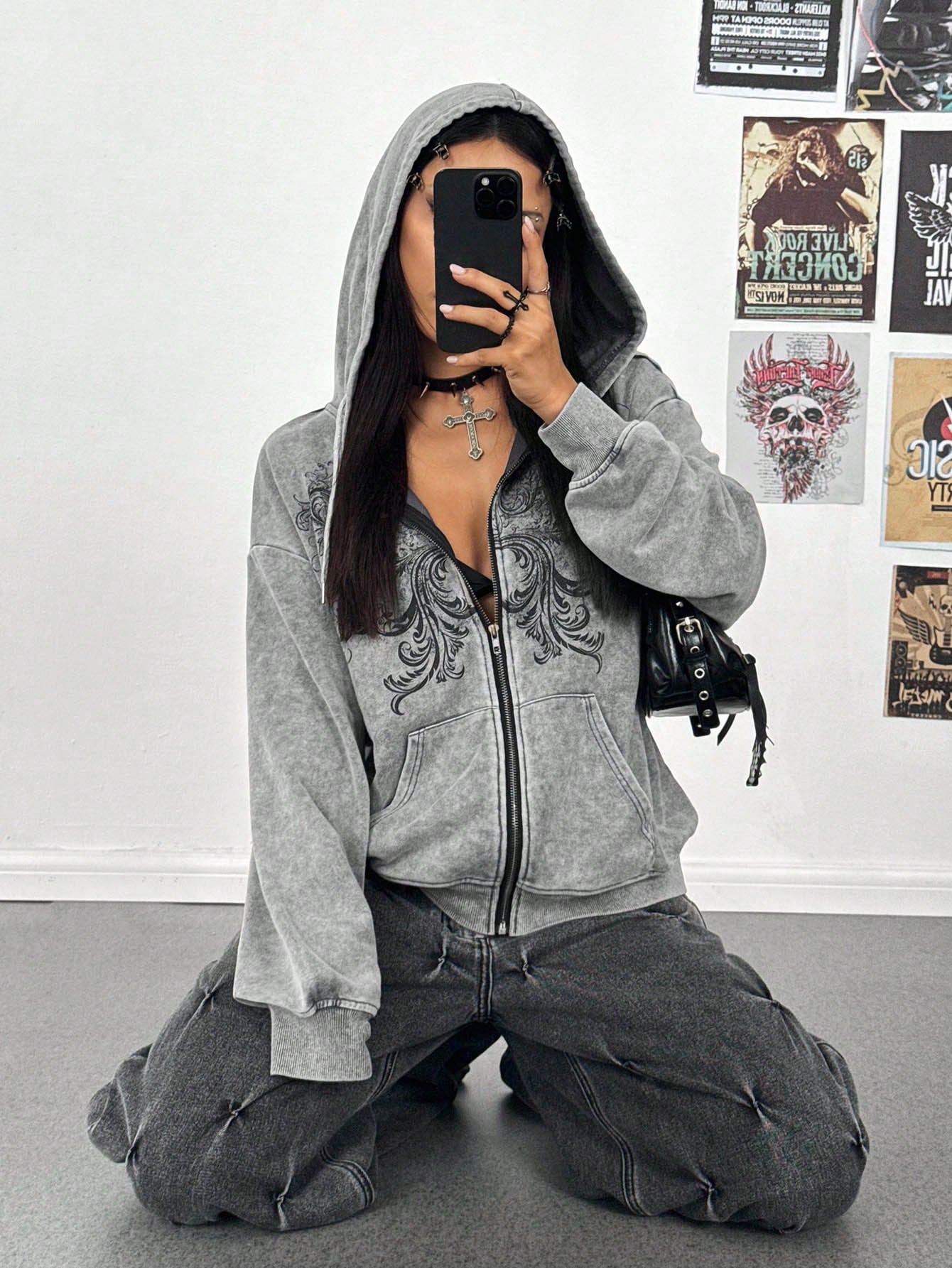 Women Leopard Zip-Up Grey Hoodie