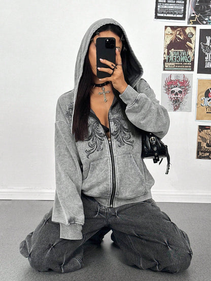 Women Leopard Zip-Up Grey Hoodie