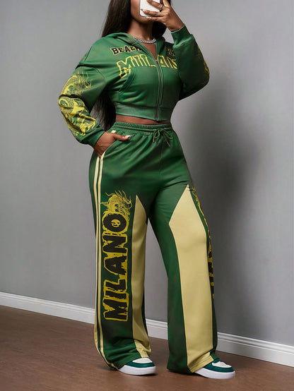 Women's Green Print Cropped Sweatshirt & Wide Leg Set