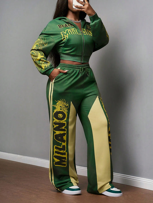 Women's Green Print Cropped Sweatshirt & Wide Leg Set