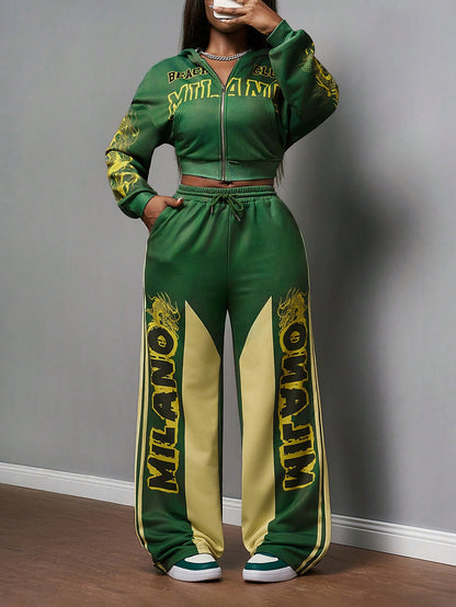 Women's Green Print Cropped Sweatshirt & Wide Leg Set