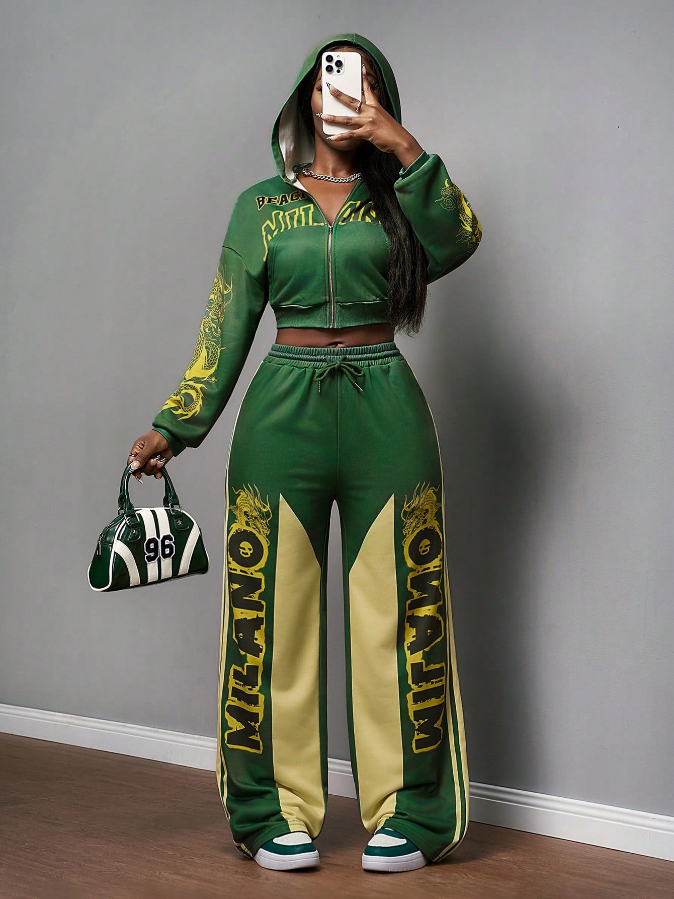 Women's Green Print Cropped Sweatshirt & Wide Leg Set