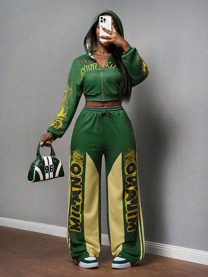 Women's Green Print Cropped Sweatshirt & Wide Leg Set