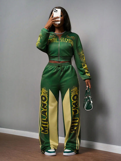 Women's Green Print Cropped Sweatshirt & Wide Leg Set