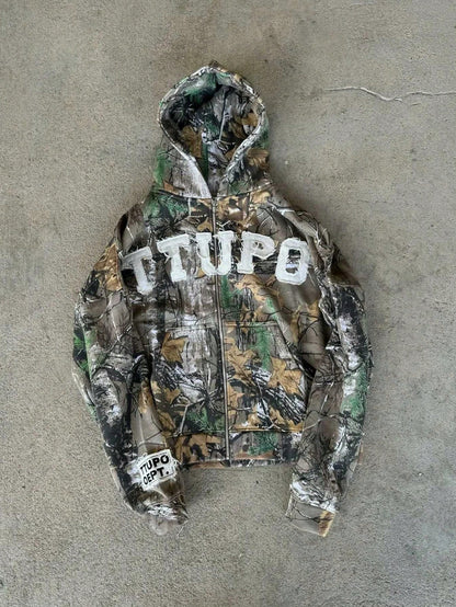 Vintage Leaf Camo Y2K Zip-Up Streetwear Hoodie