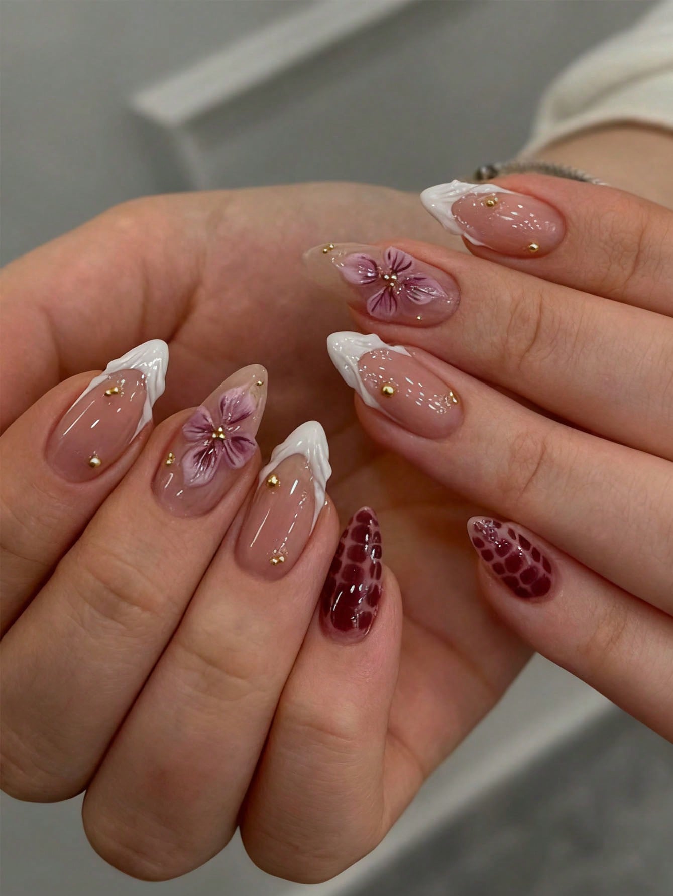 Vintage Purple 3D Wavy Floral Almond Press-On Nails