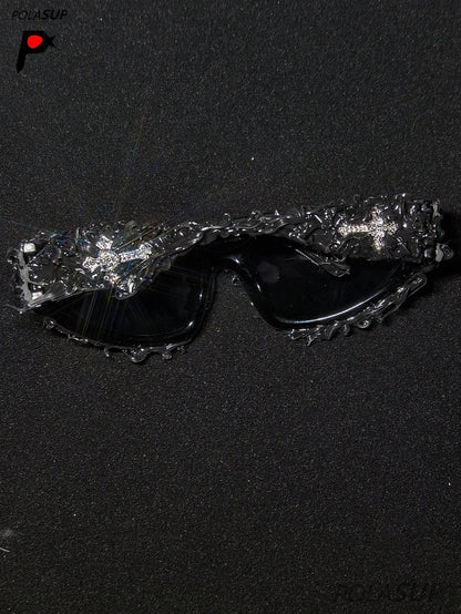 Future Punk Diamond Heart Cross Asymmetric Glasses