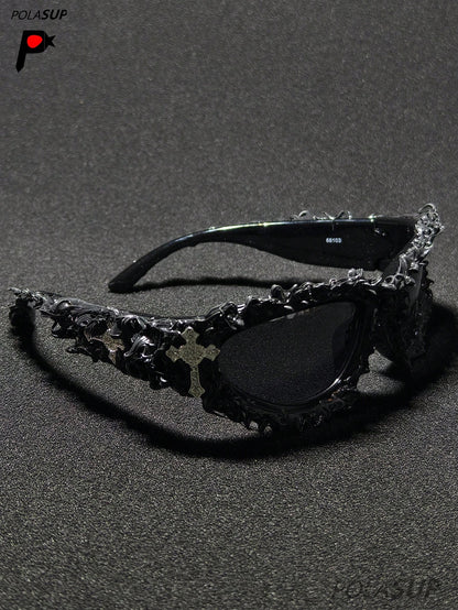 Future Punk Diamond Heart Cross Asymmetric Glasses