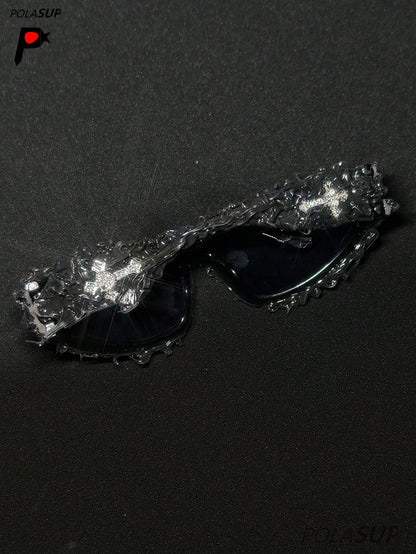 Future Punk Diamond Heart Cross Asymmetric Glasses