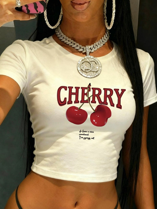 Y2K Cherry Print 90s Retro Cropped Tight Short Sleeve