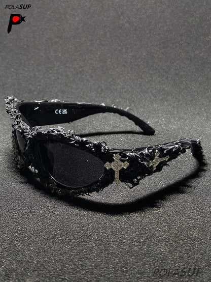 Future Punk Diamond Heart Cross Asymmetric Glasses