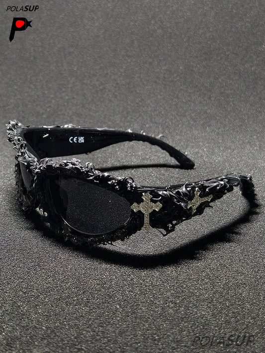 Future Punk Diamond Heart Cross Asymmetric Glasses