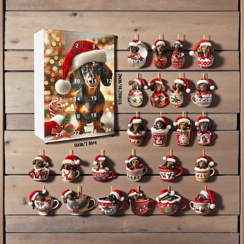 Dachshund Advent Calendar 2025: 24 2D Acrylic Wiener Dog Christmas Ornaments