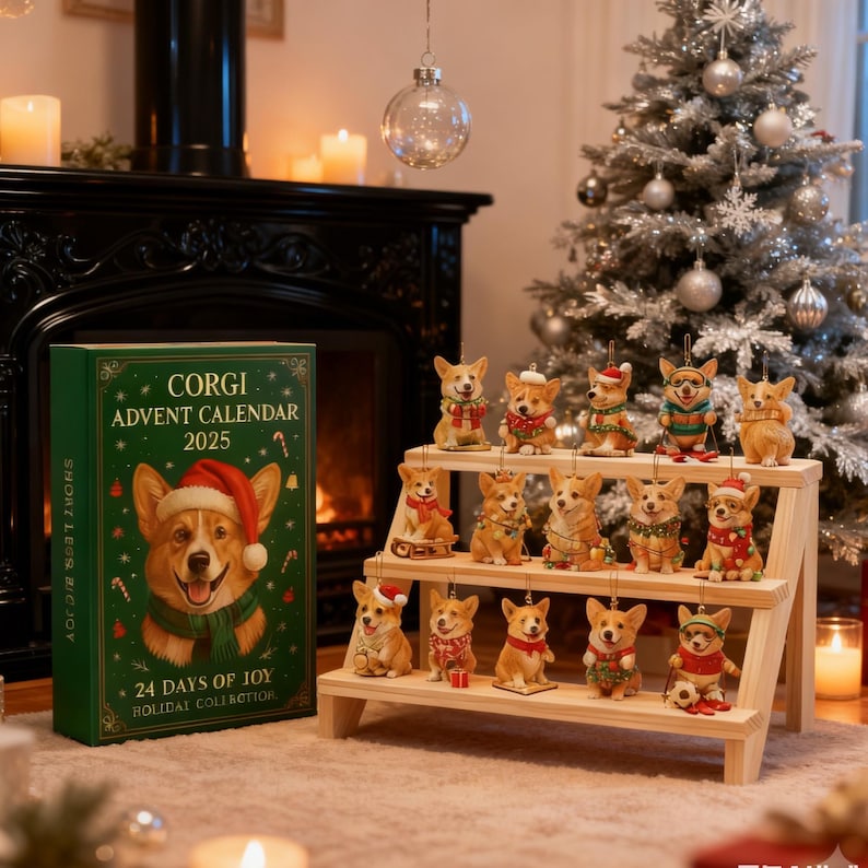 Corgi Advent Calendar, 24 Pcs 2D Acrylic Ornaments, Christmas Countdown Hanging Decor, Gift for Dog Lovers, Cute Corgi Themed Gif