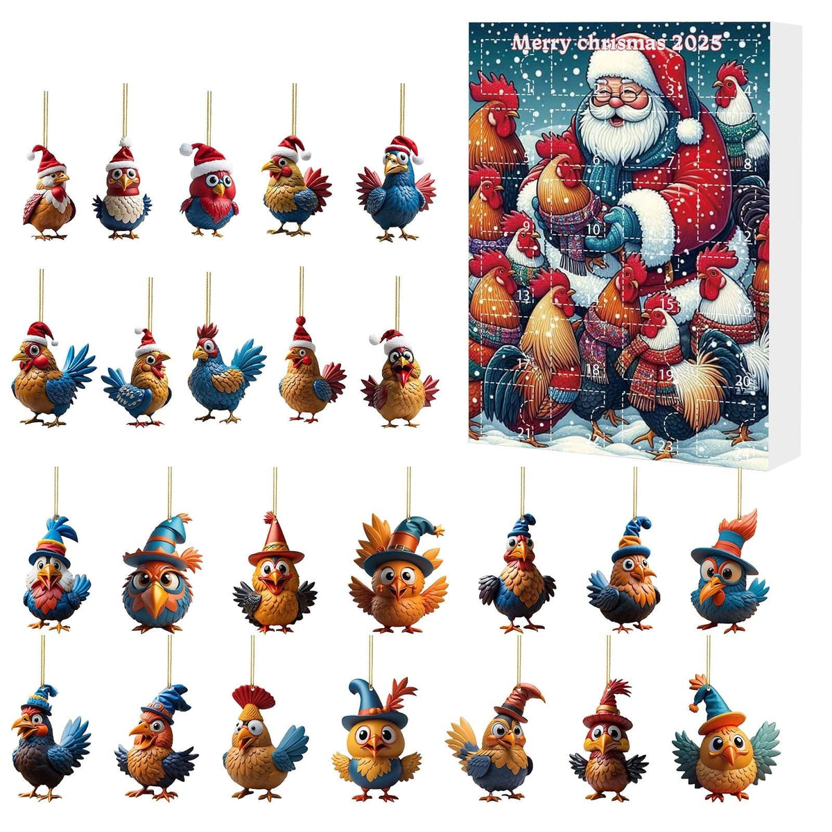 24 Days Christmas Advent Calendar 2025 With 24 Santa Hat Chicken Ornamentsunique Holiday Home Decordaily Xmas Tree Countdown Decorfun Chickens Theme Gift For Adults  Kids