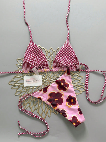 Retro Floral Plaid Colorblock 2-Piece Bikini Set