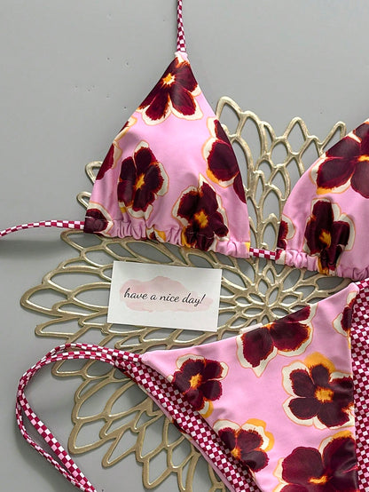 Retro Floral Plaid Colorblock 2-Piece Bikini Set