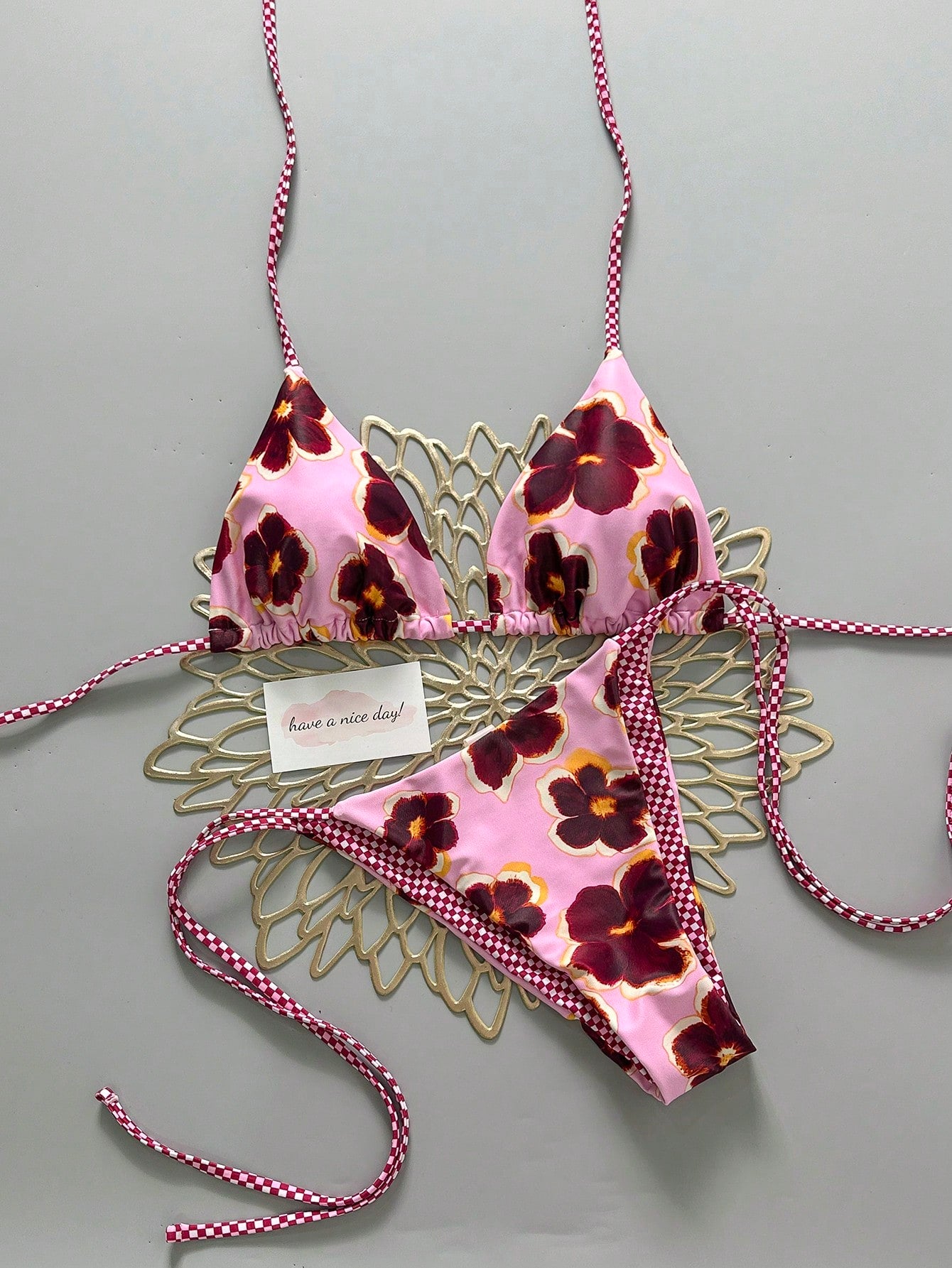 Retro Floral Plaid Colorblock 2-Piece Bikini Set