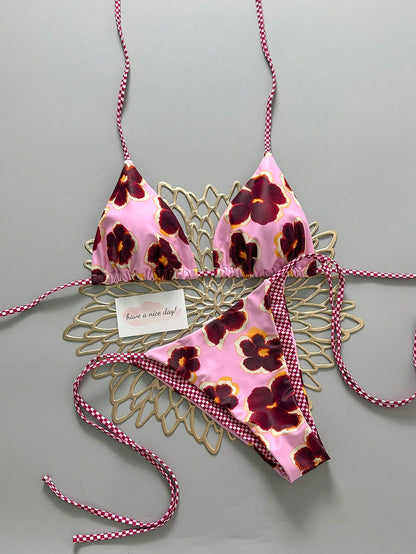 Retro Floral Plaid Colorblock 2-Piece Bikini Set