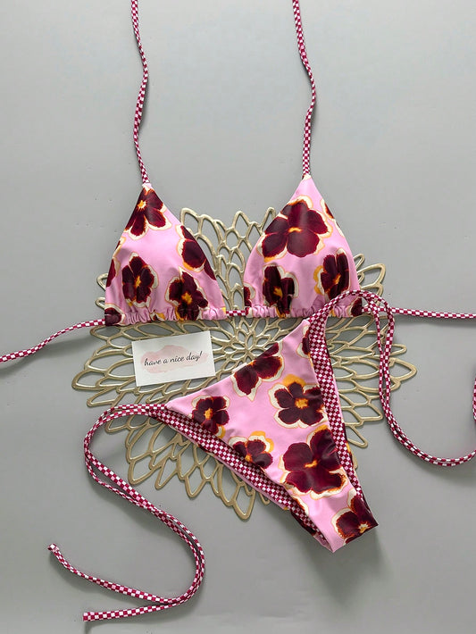 Retro Floral Plaid Colorblock 2-Piece Bikini Set