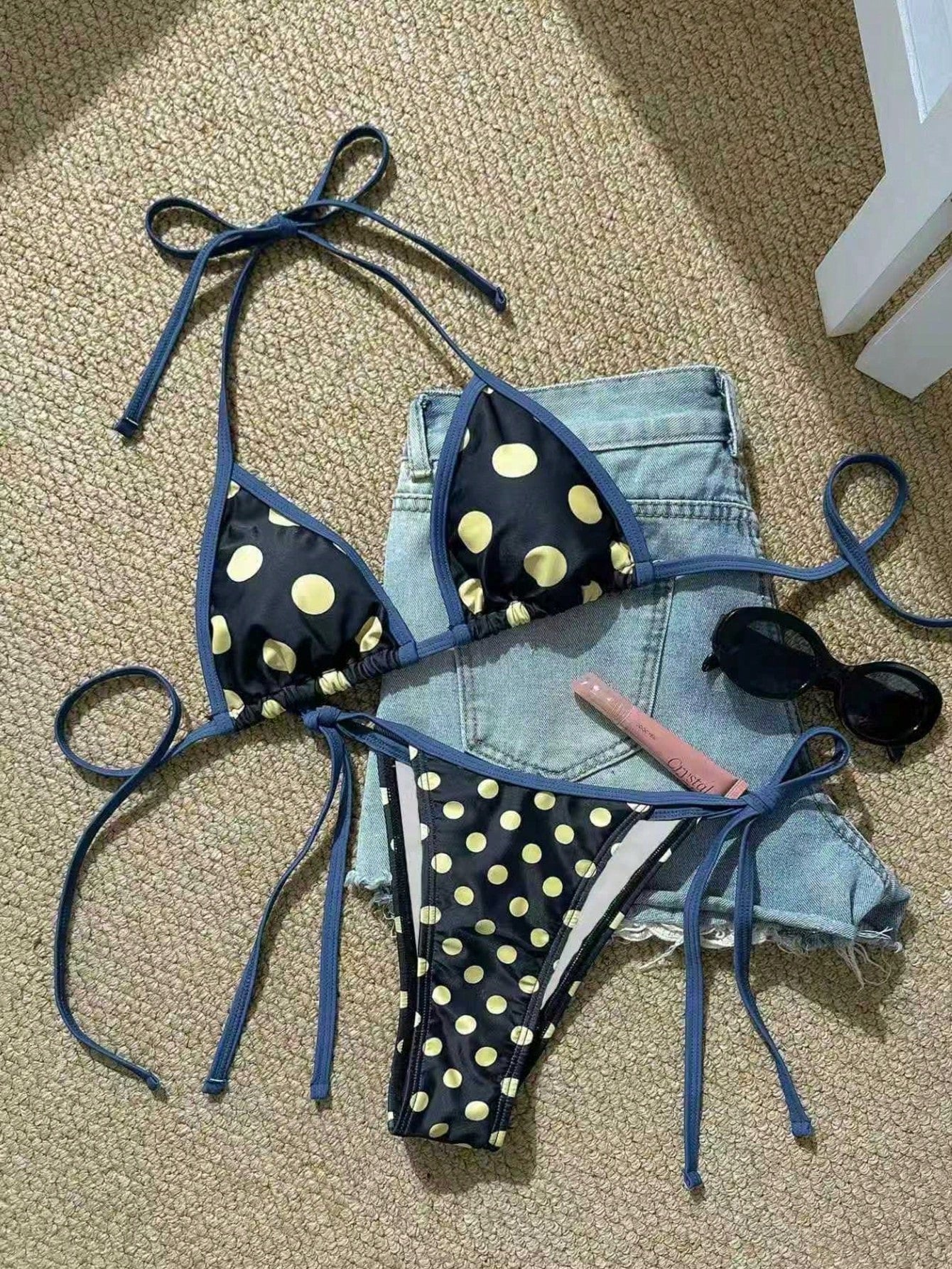 Polka Dot Print Drawstring Neck Slit Bikini Swimsuit