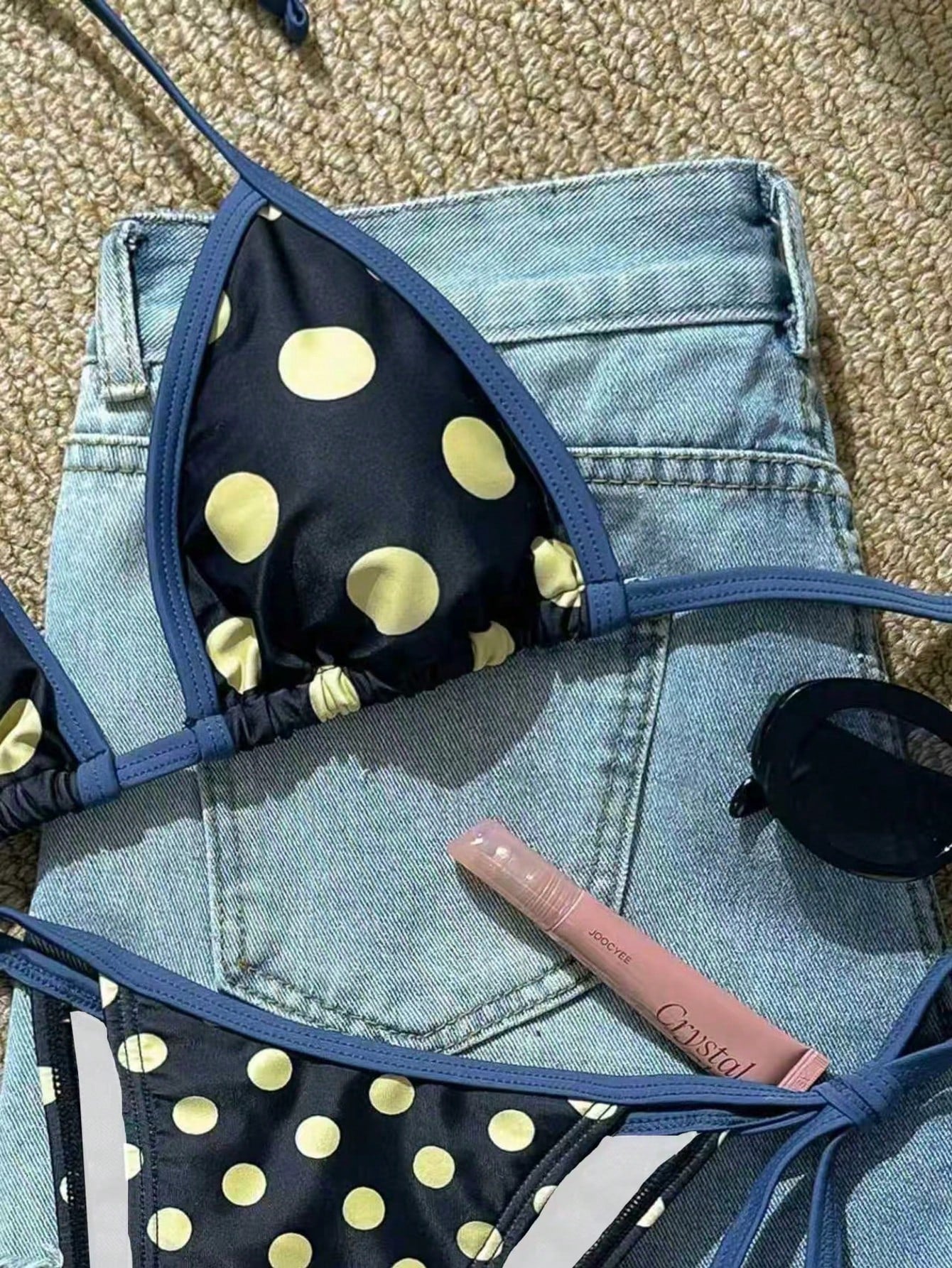 Polka Dot Print Drawstring Neck Slit Bikini Swimsuit