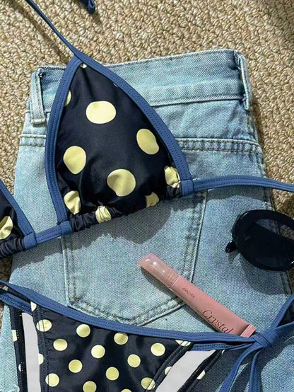 Polka Dot Print Drawstring Neck Slit Bikini Swimsuit