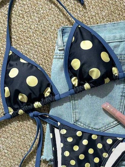 Polka Dot Print Drawstring Neck Slit Bikini Swimsuit