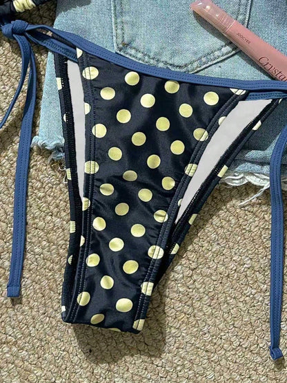 Polka Dot Print Drawstring Neck Slit Bikini Swimsuit