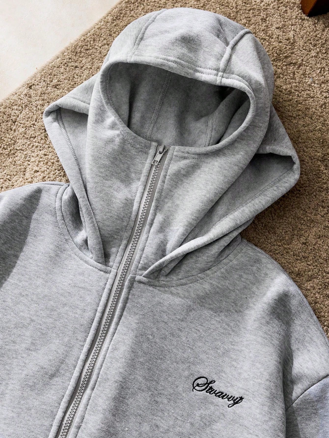 Men's Letter Print Zip Front Casual Grey Streetwear Hoodie