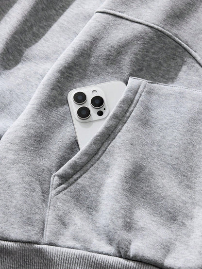 Men's Letter Print Zip Front Casual Grey Streetwear Hoodie