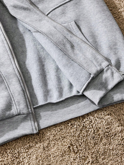 Men's Letter Print Zip Front Casual Grey Streetwear Hoodie