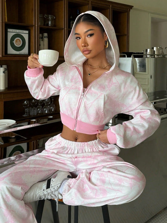 Pink Leaf Print Zip Up Cropped Hoodie and Jogger Set