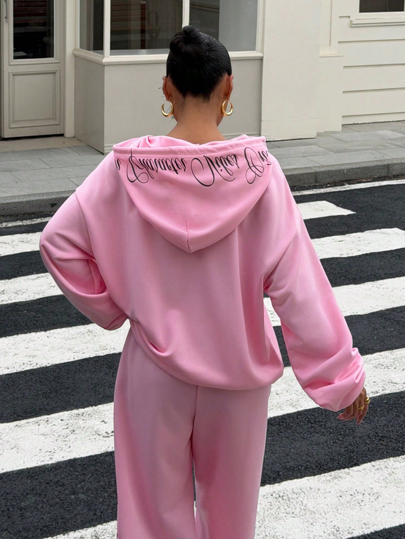 Women's Pink Letter Print Loose Fit Streetwear Hoodie