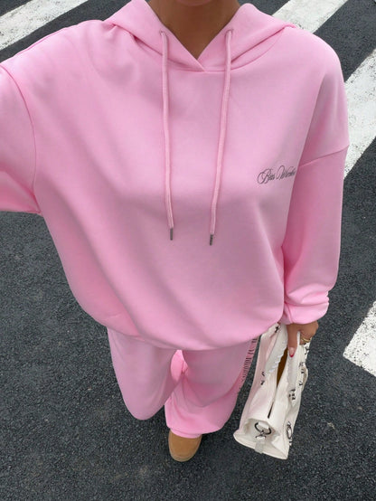 Women's Pink Letter Print Loose Fit Streetwear Hoodie