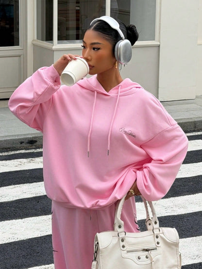 Women's Pink Letter Print Loose Fit Streetwear Hoodie