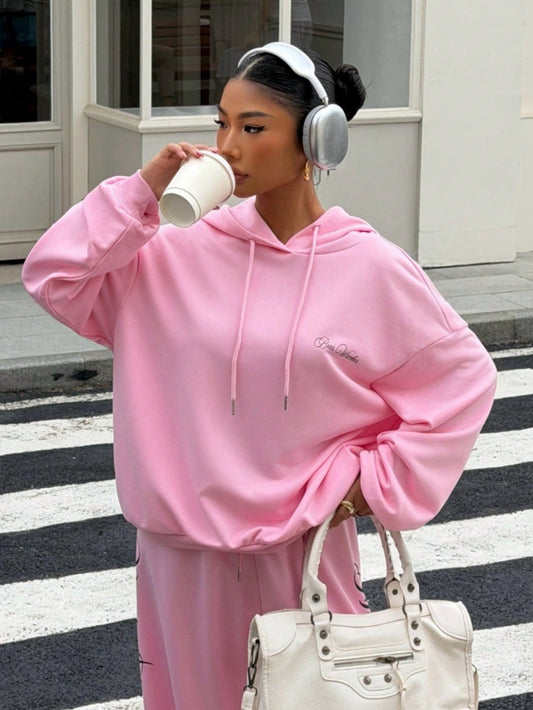 Women's Pink Letter Print Loose Fit Streetwear Hoodie