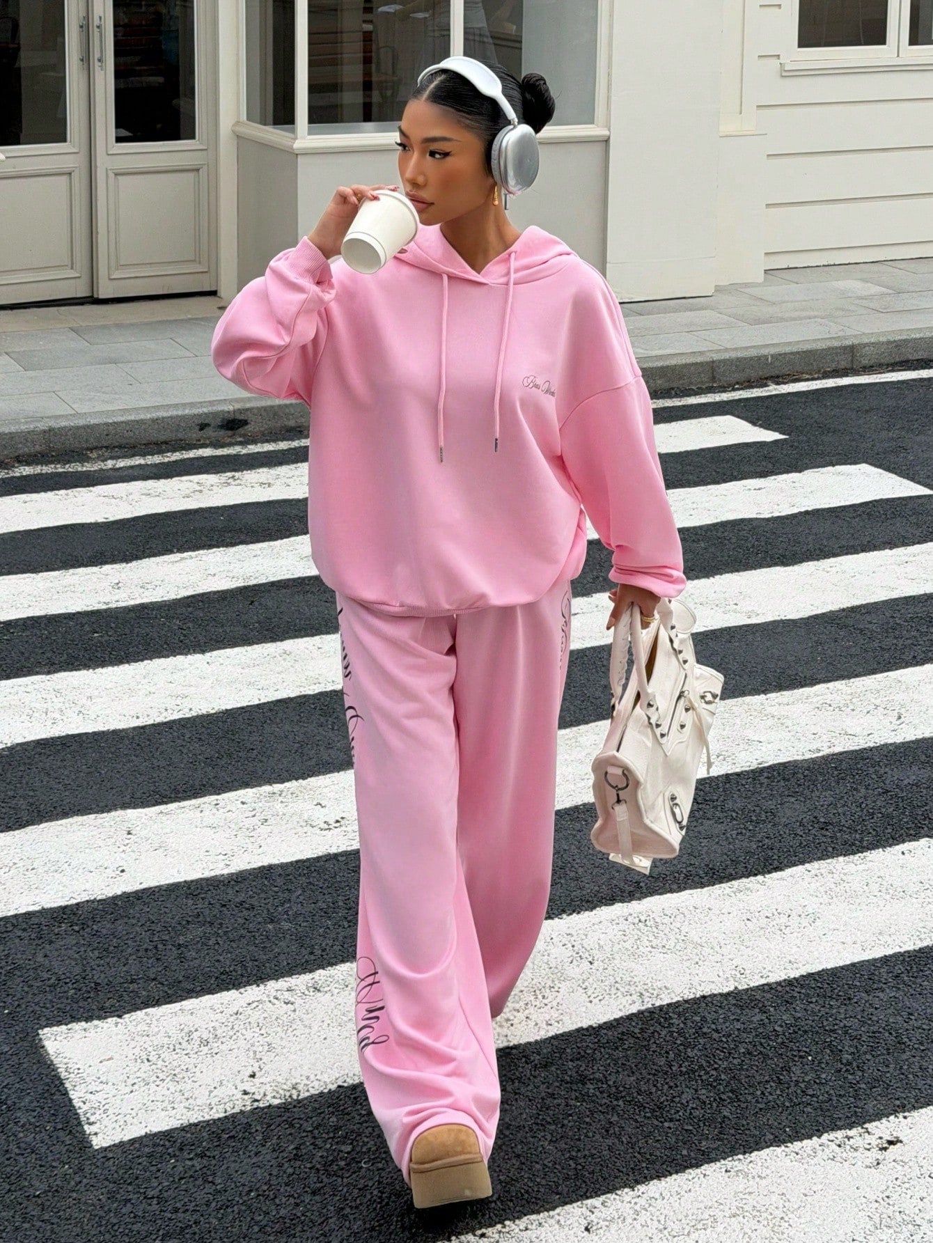 Women's Pink Letter Print Loose Fit Streetwear Hoodie