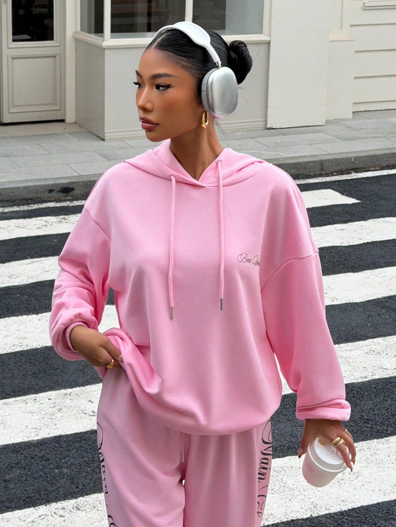 Women's Pink Letter Print Loose Fit Streetwear Hoodie