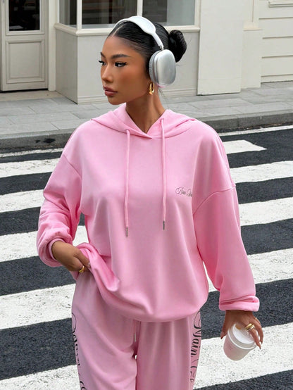 Women's Pink Letter Print Loose Fit Streetwear Hoodie