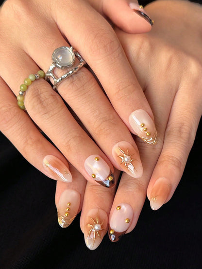 Amber Cat Eye Almond Press-On Nails with 3D Sun