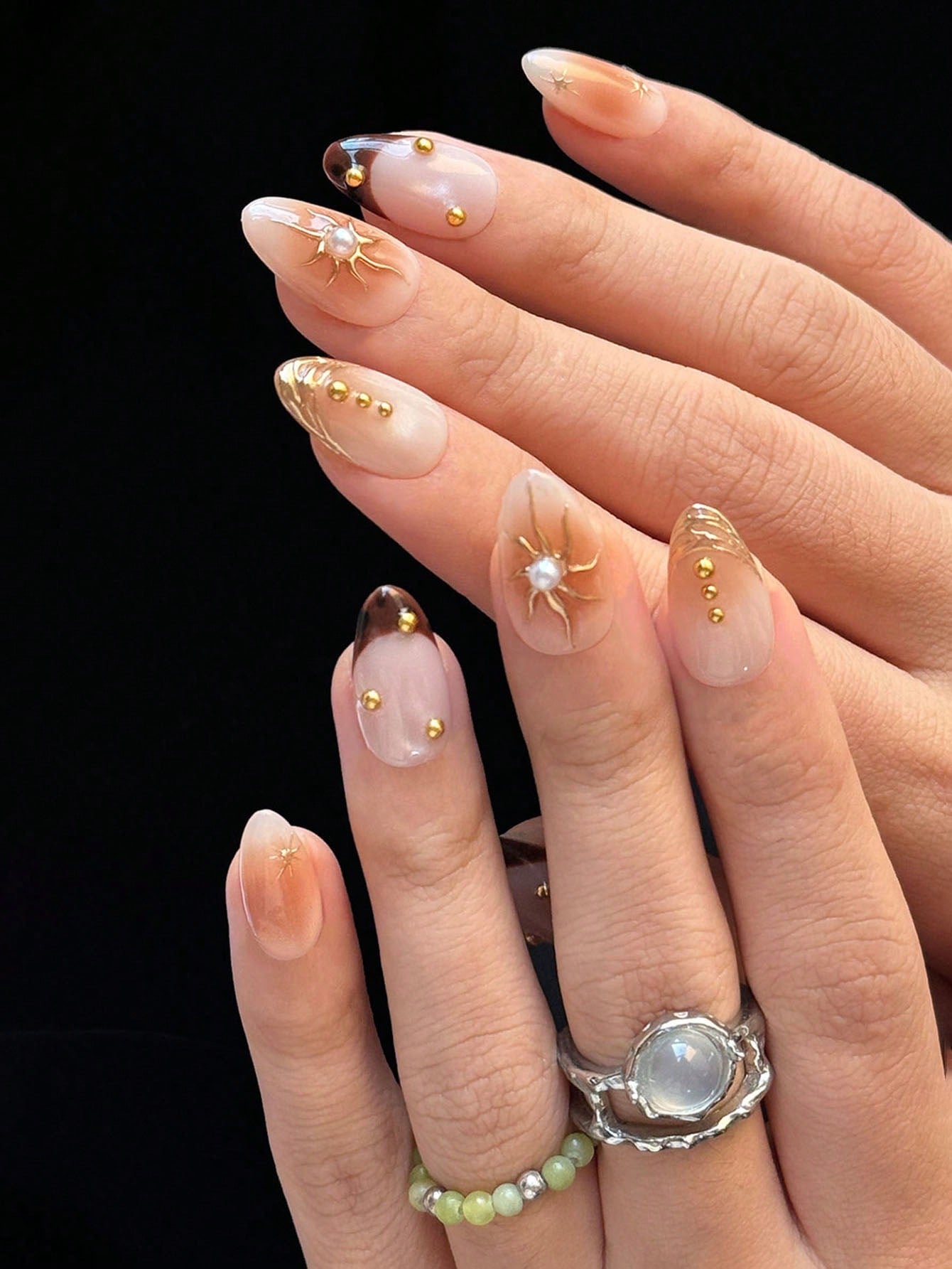 Amber Cat Eye Almond Press-On Nails with 3D Sun