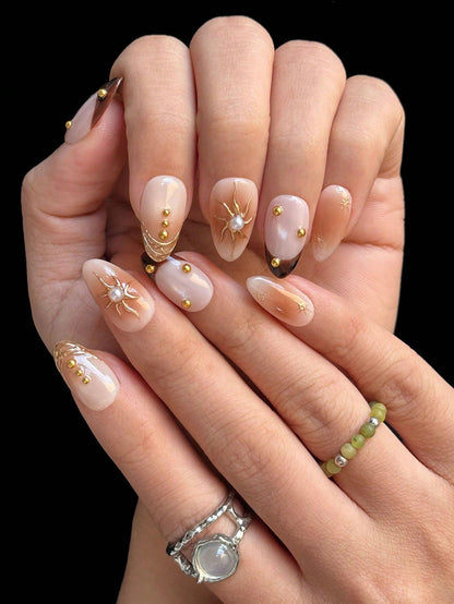Amber Cat Eye Almond Press-On Nails with 3D Sun