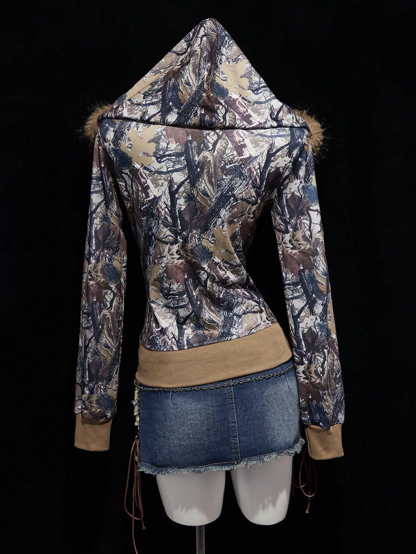 Y2K Branch Print Fur Collar Zip Hoodie