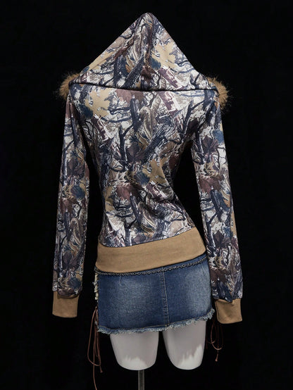 Y2K Branch Print Fur Collar Zip Hoodie