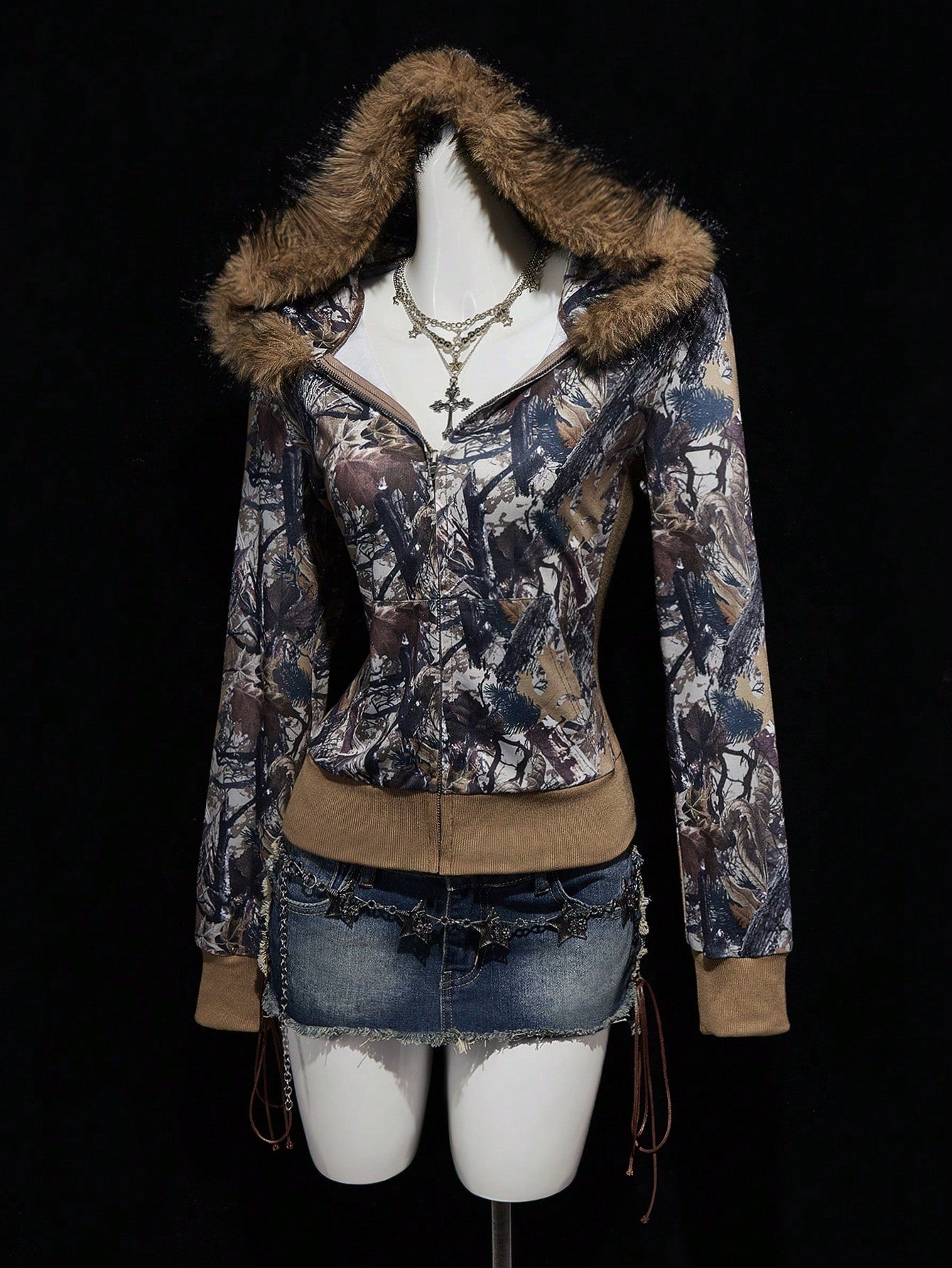 Y2K Branch Print Fur Collar Zip Hoodie