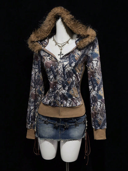Y2K Branch Print Fur Collar Zip Hoodie
