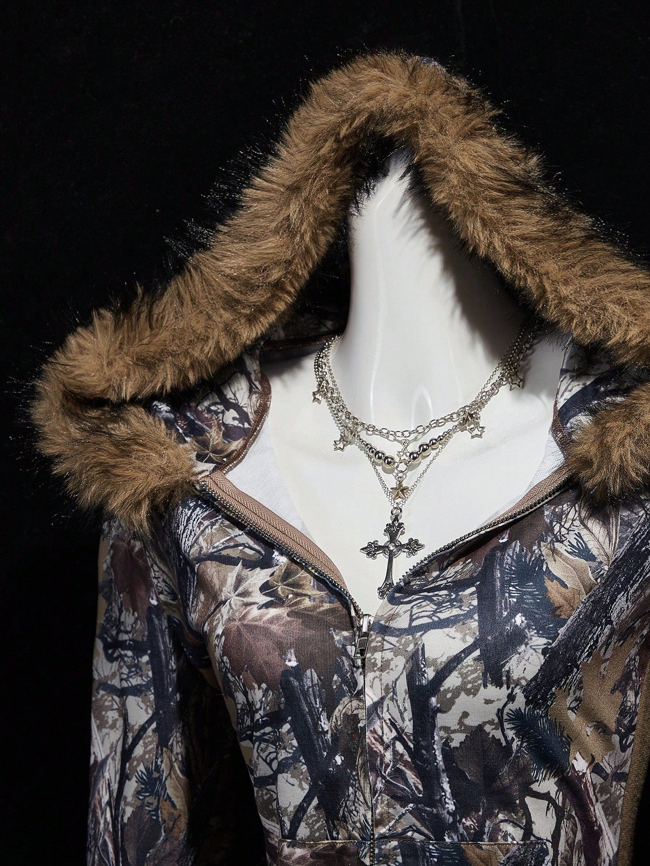 Y2K Branch Print Fur Collar Zip Hoodie