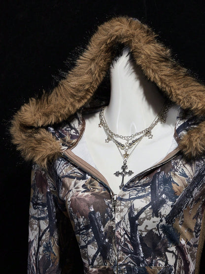Y2K Branch Print Fur Collar Zip Hoodie